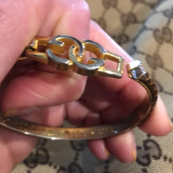 Vintage Gucci Gold GG Brown Snakeskin Bracelet - Picture 1 of 6